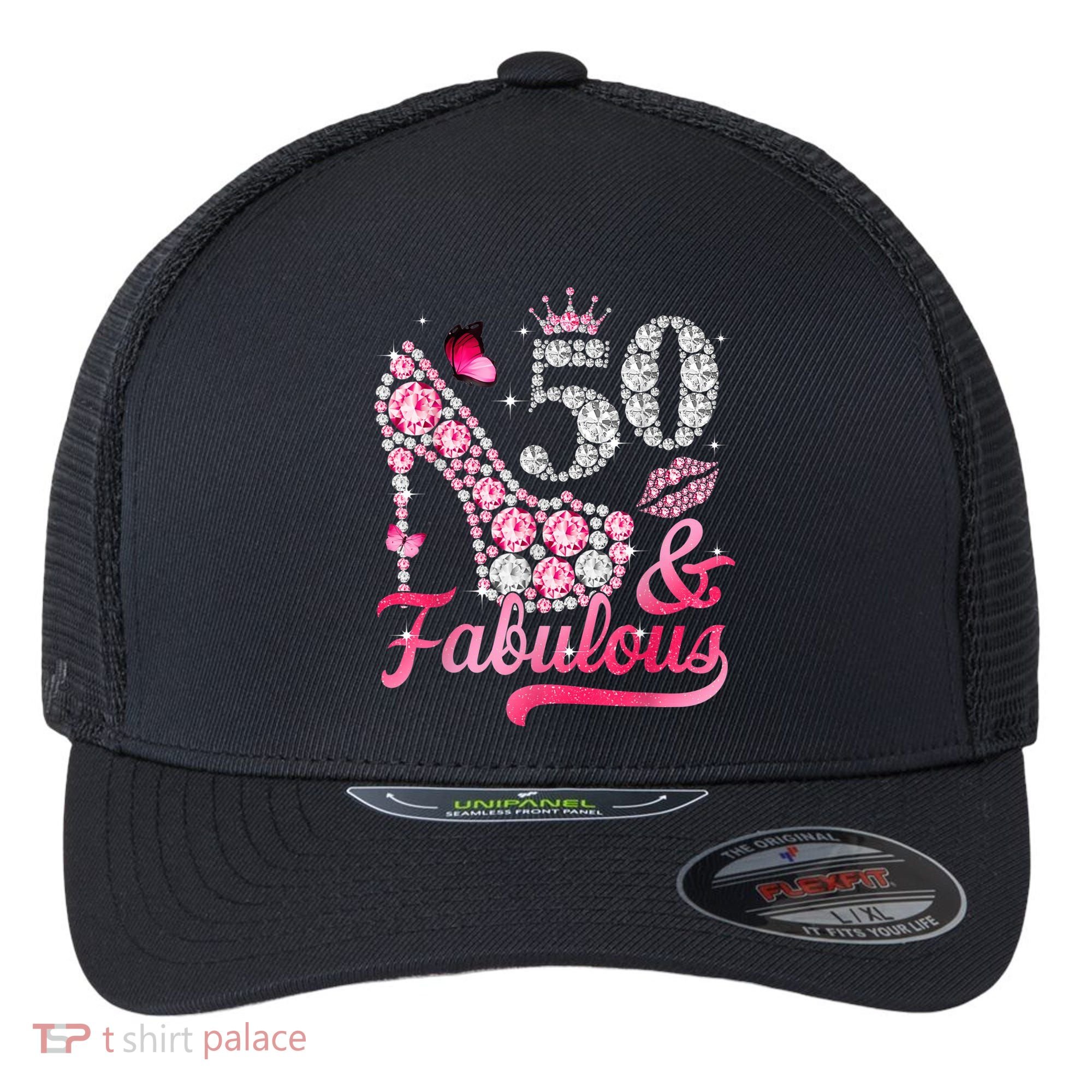 50 And Fabulous High Heel WoM.e.n.s 50th Birthday Flexfit Unipanel Trucker Cap