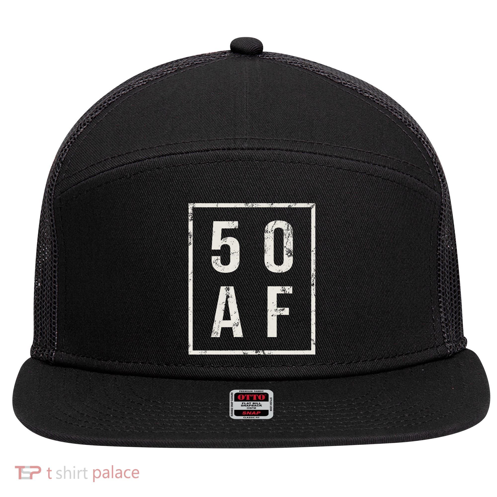 50 AF Funny 50th Birthday Fiftieth Birthday 7 Panel Mesh Trucker Snapback Hat