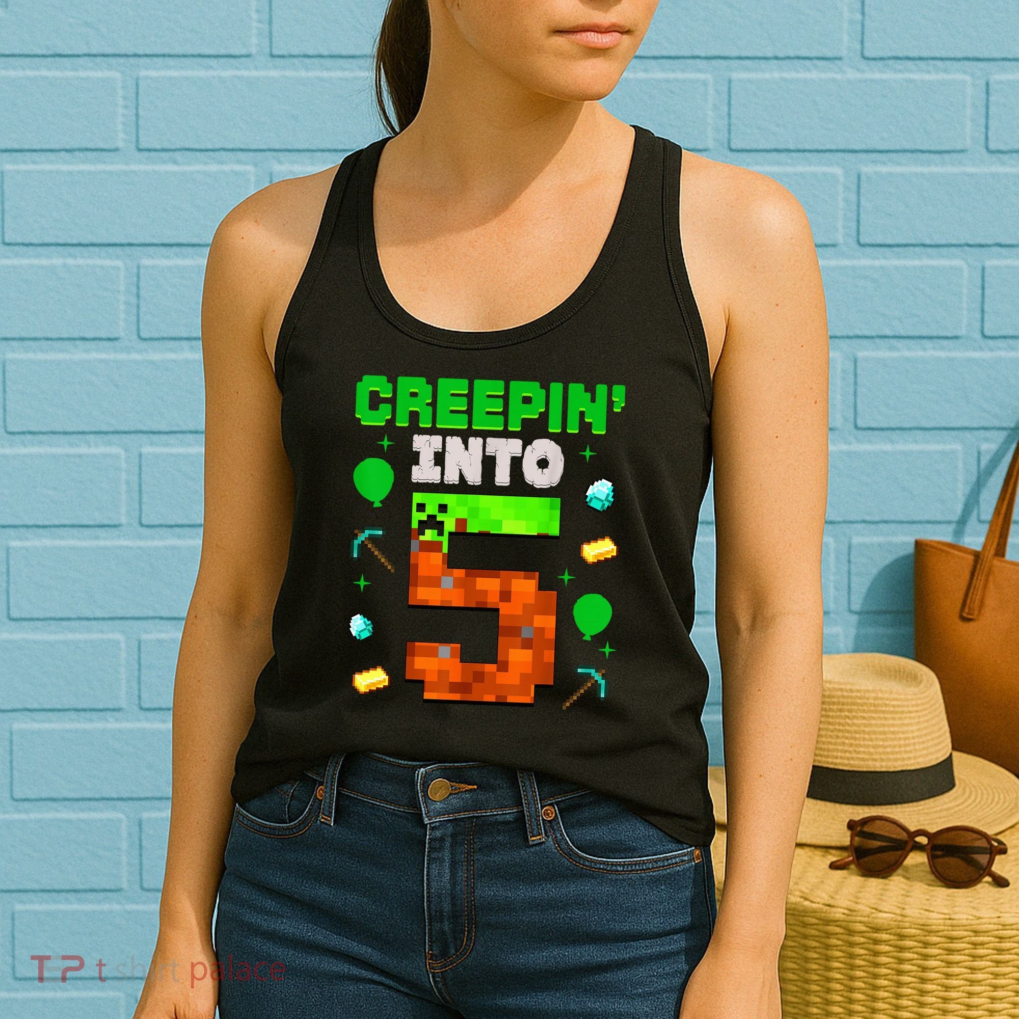 5th Birthday Gamer Pixel Creepin’ Into 5 Video Game Party Women's Tank Top
