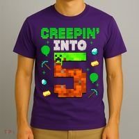 5th Birthday Gamer Pixel Creepin’ Into 5 Video Game Party T-Shirt thumb 3