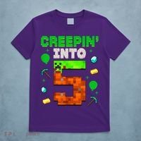 5th Birthday Gamer Pixel Creepin’ Into 5 Video Game Party T-Shirt thumb 5