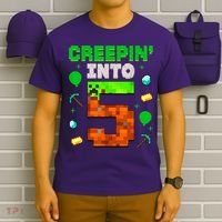 5th Birthday Gamer Pixel Creepin’ Into 5 Video Game Party T-Shirt thumb 6