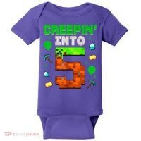 5th Birthday Gamer Pixel Creepin’ Into 5 Video Game Party Baby Bodysuit thumb 0