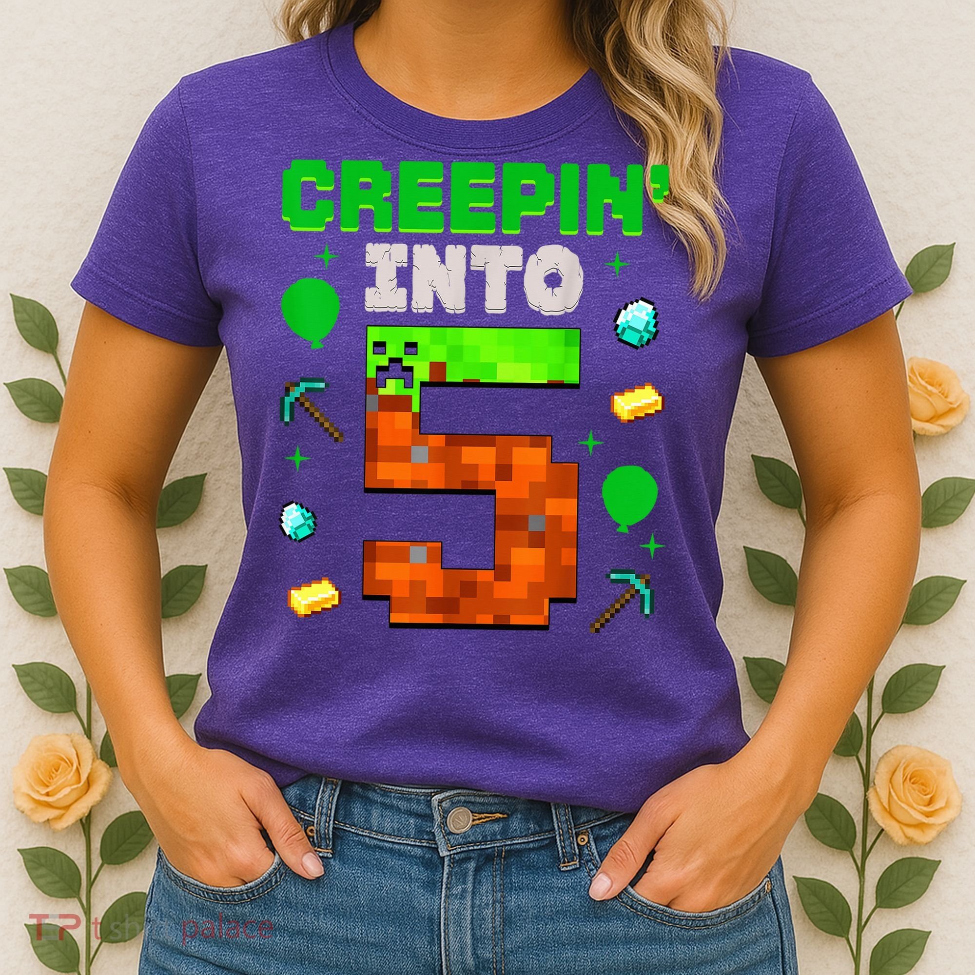 5th Birthday Gamer Pixel Creepin’ Into 5 Video Game Party Women's T-Shirt