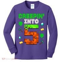 5th Birthday Gamer Pixel Creepin’ Into 5 Video Game Party Kids Long Sleeve Shirt thumb 0