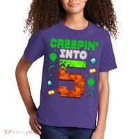 5th Birthday Gamer Pixel Creepin’ Into 5 Video Game Party Kids T-Shirt thumb 2