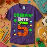 5th Birthday Gamer Pixel Creepin’ Into 5 Video Game Party Kids T-Shirt thumb 3