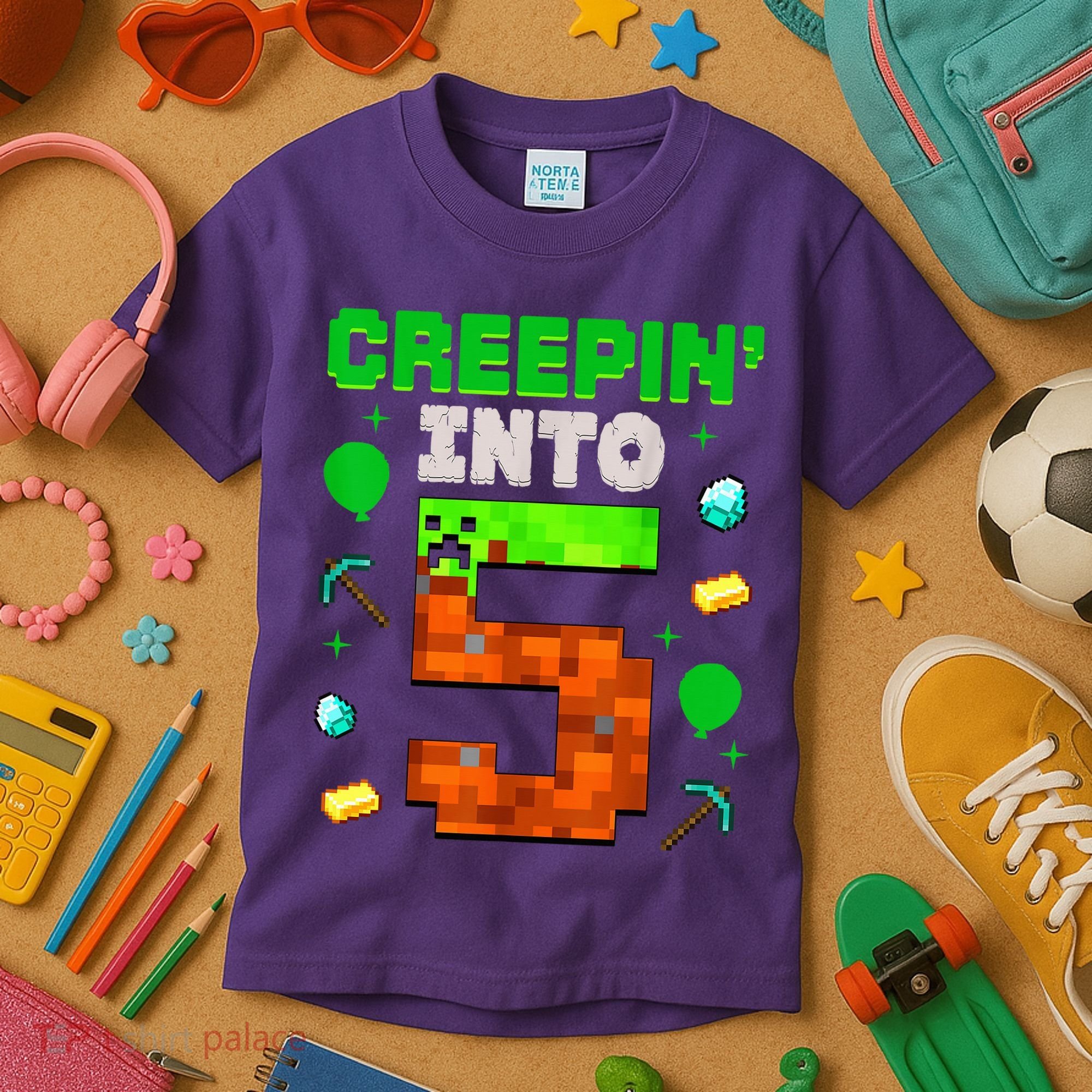 5th Birthday Gamer Pixel Creepin’ Into 5 Video Game Party Kids T-Shirt