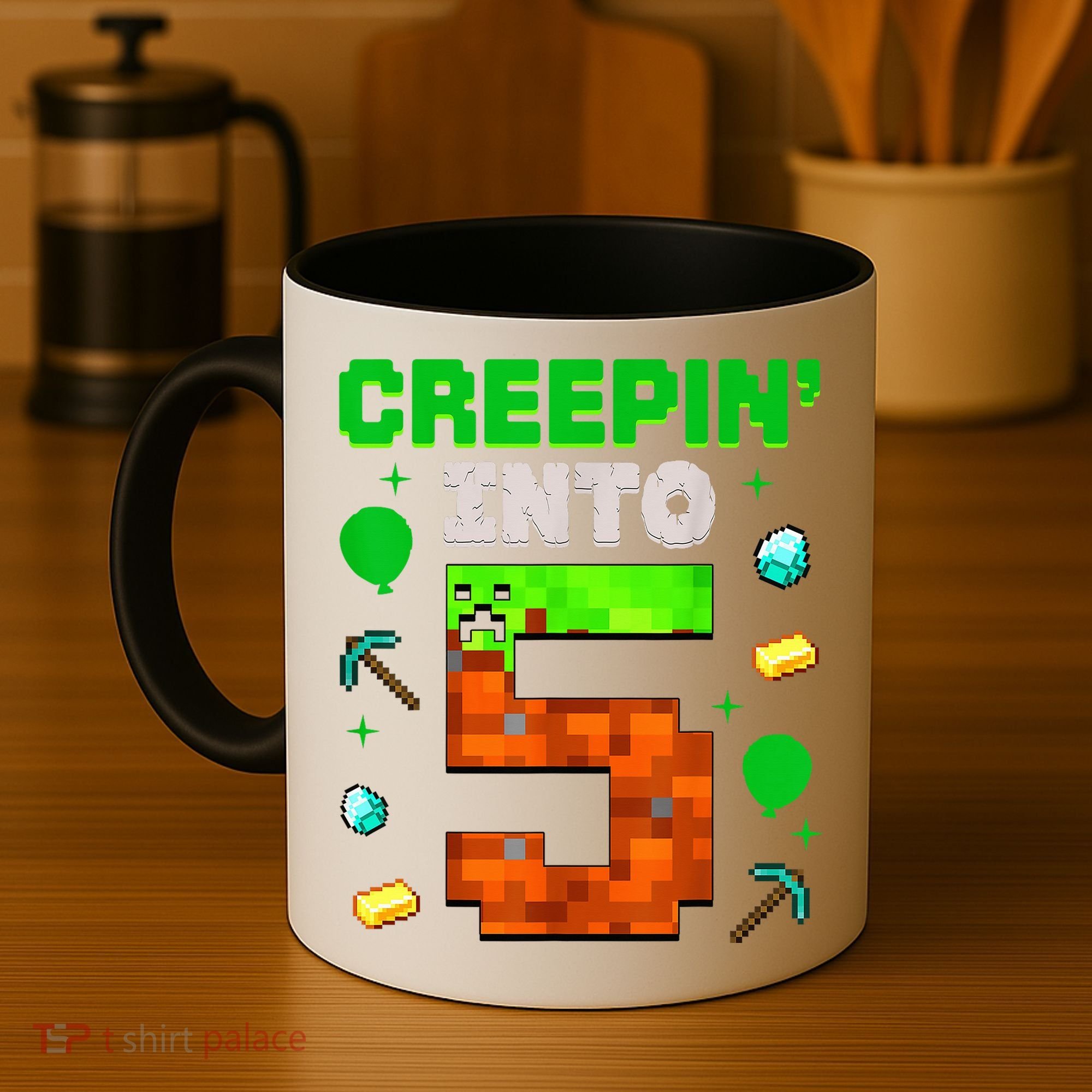 5th Birthday Gamer Pixel Style Creepin’ Into 5 Video Game Party Coffee Mug