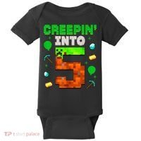 5th Birthday Gamer Pixel Style Creepin’ Into 5 Video Game Party Baby Bodysuit thumb 0