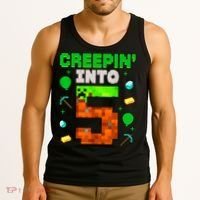 5th Birthday Gamer Pixel Style Creepin’ Into 5 Video Game Party Tank Top thumb 3