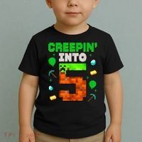 5th Birthday Gamer Pixel Style Creepin’ Into 5 Video Game Party Toddler T-Shirt thumb 2