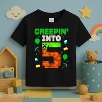 5th Birthday Gamer Pixel Style Creepin’ Into 5 Video Game Party Toddler T-Shirt thumb 3