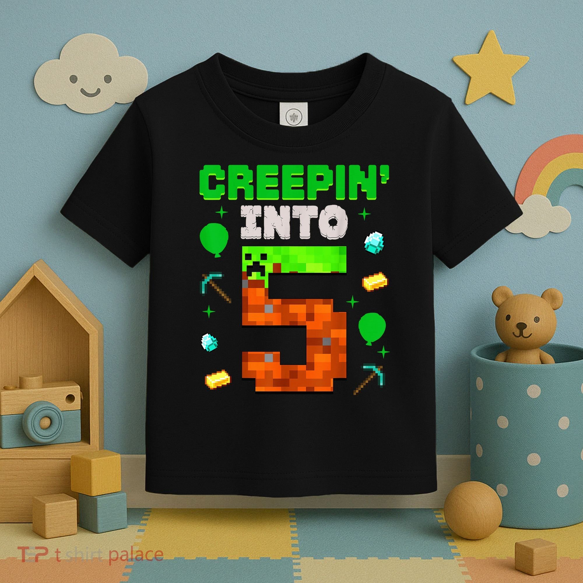 5th Birthday Gamer Pixel Style Creepin’ Into 5 Video Game Party Toddler T-Shirt