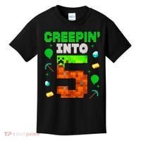 5th Birthday Gamer Pixel Style Creepin’ Into 5 Video Game Party Kids T-Shirt thumb 0