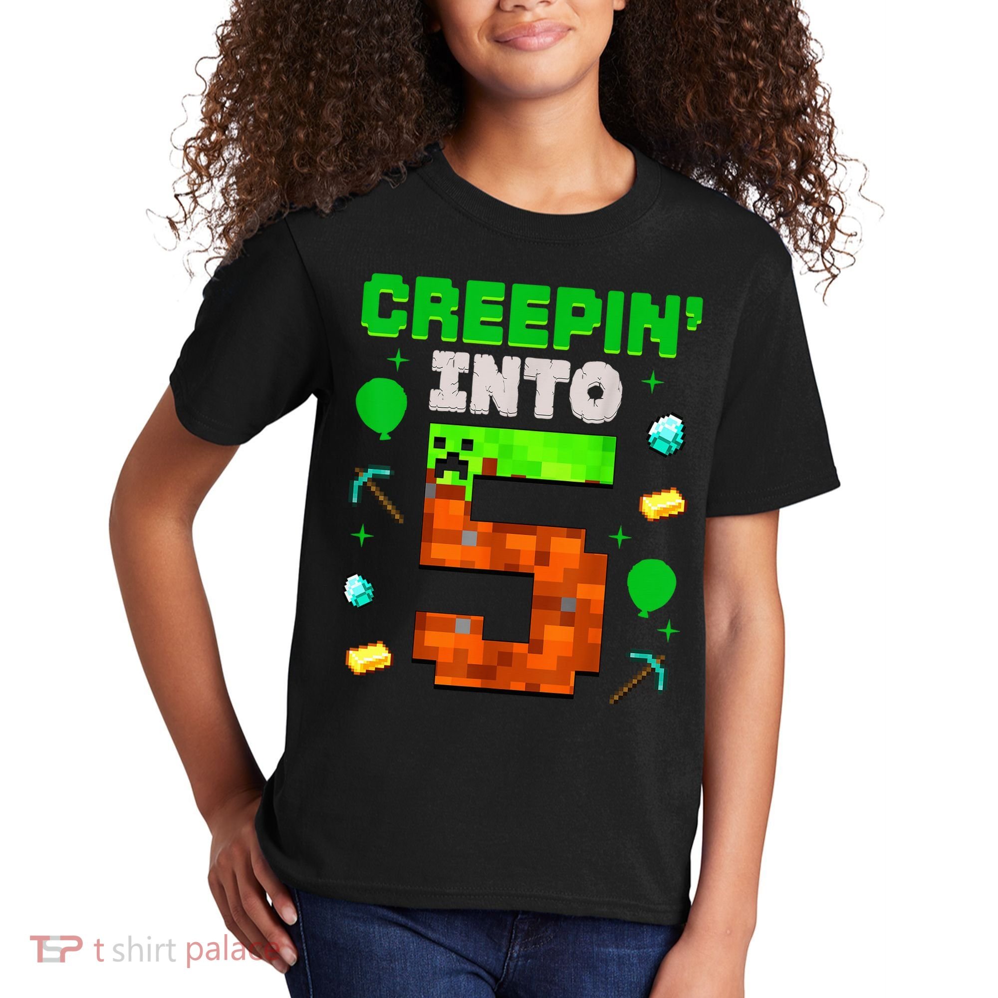 5th Birthday Gamer Pixel Style Creepin’ Into 5 Video Game Party Kids T-Shirt