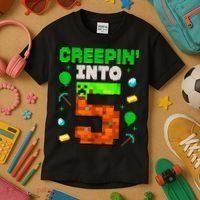 5th Birthday Gamer Pixel Style Creepin’ Into 5 Video Game Party Kids T-Shirt thumb 3