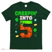 5th Birthday Gamer Pixel Style Creepin’ Into 5 Video Game Party T-Shirt thumb 0