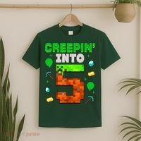 5th Birthday Gamer Pixel Style Creepin’ Into 5 Video Game Party T-Shirt thumb 2