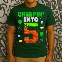 5th Birthday Gamer Pixel Style Creepin’ Into 5 Video Game Party T-Shirt thumb 3