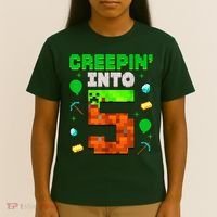 5th Birthday Gamer Pixel Style Creepin’ Into 5 Video Game Party T-Shirt thumb 4