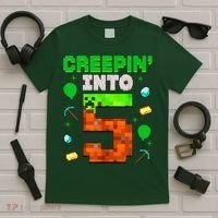 5th Birthday Gamer Pixel Style Creepin’ Into 5 Video Game Party T-Shirt thumb 5