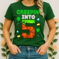 5th Birthday Gamer Pixel Style Creepin’ Into 5 Video Game Party Women's T-Shirt thumb 2