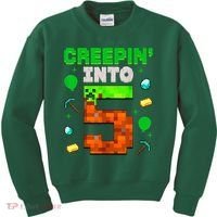 5th Birthday Gamer Pixel Style Creepin’ Into 5 Video Game Party Kids Sweatshirt thumb 0