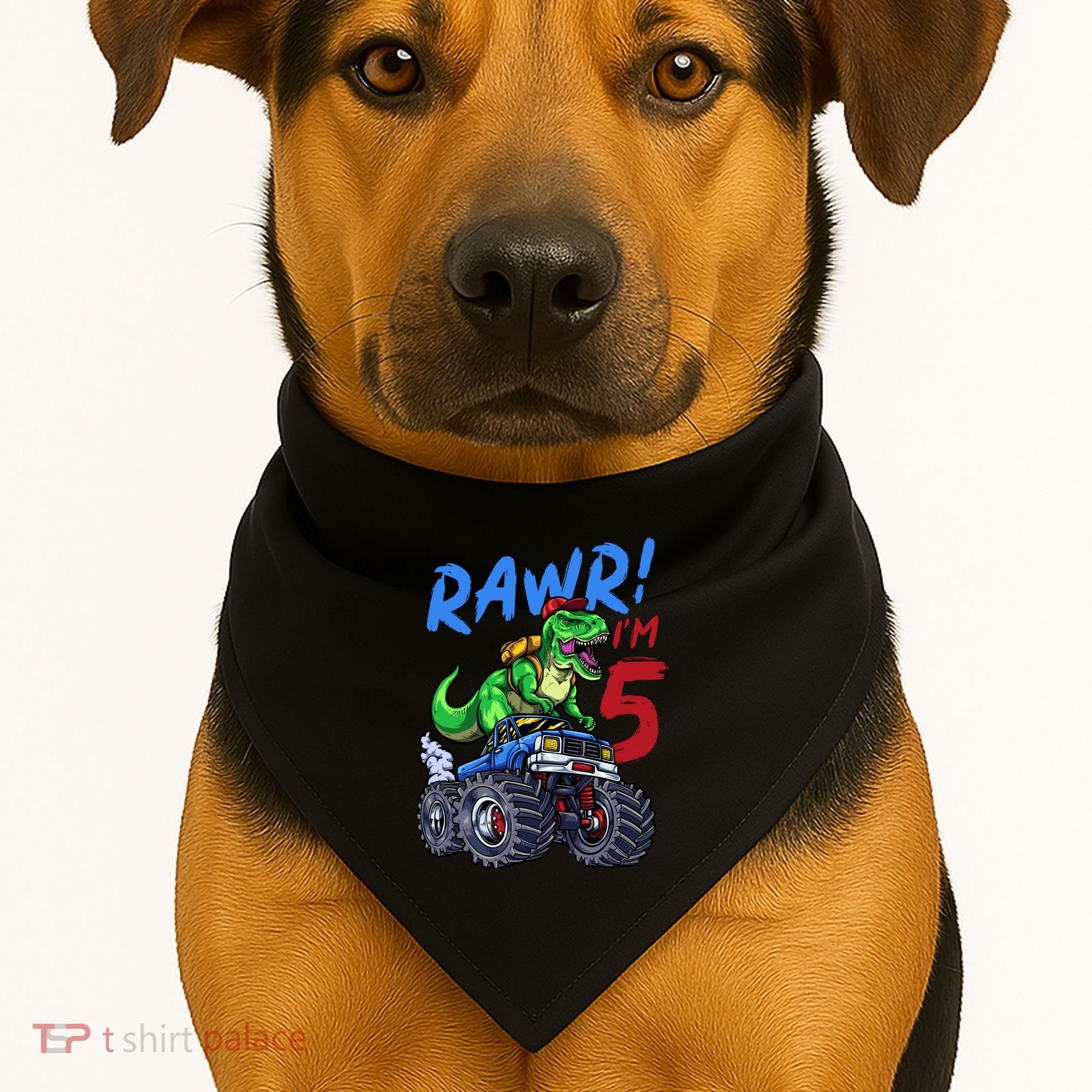 5th Birthday I’M 5 Dinosaur T Rex Monster Truck USA-Made Doggie Bandana