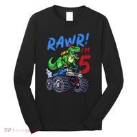 5th Birthday I’M 5 Dinosaur T Rex Monster Truck Long Sleeve Shirt thumb 0