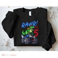 5th Birthday I’M 5 Dinosaur T Rex Monster Truck Sweatshirt thumb 2