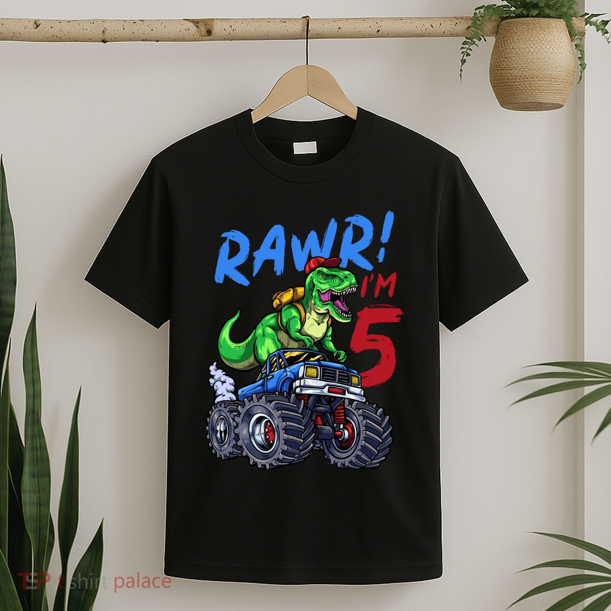 5th Birthday I’M 5 Dinosaur T Rex Monster Truck T-Shirt
