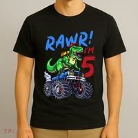 5th Birthday I’M 5 Dinosaur T Rex Monster Truck T-Shirt thumb 3