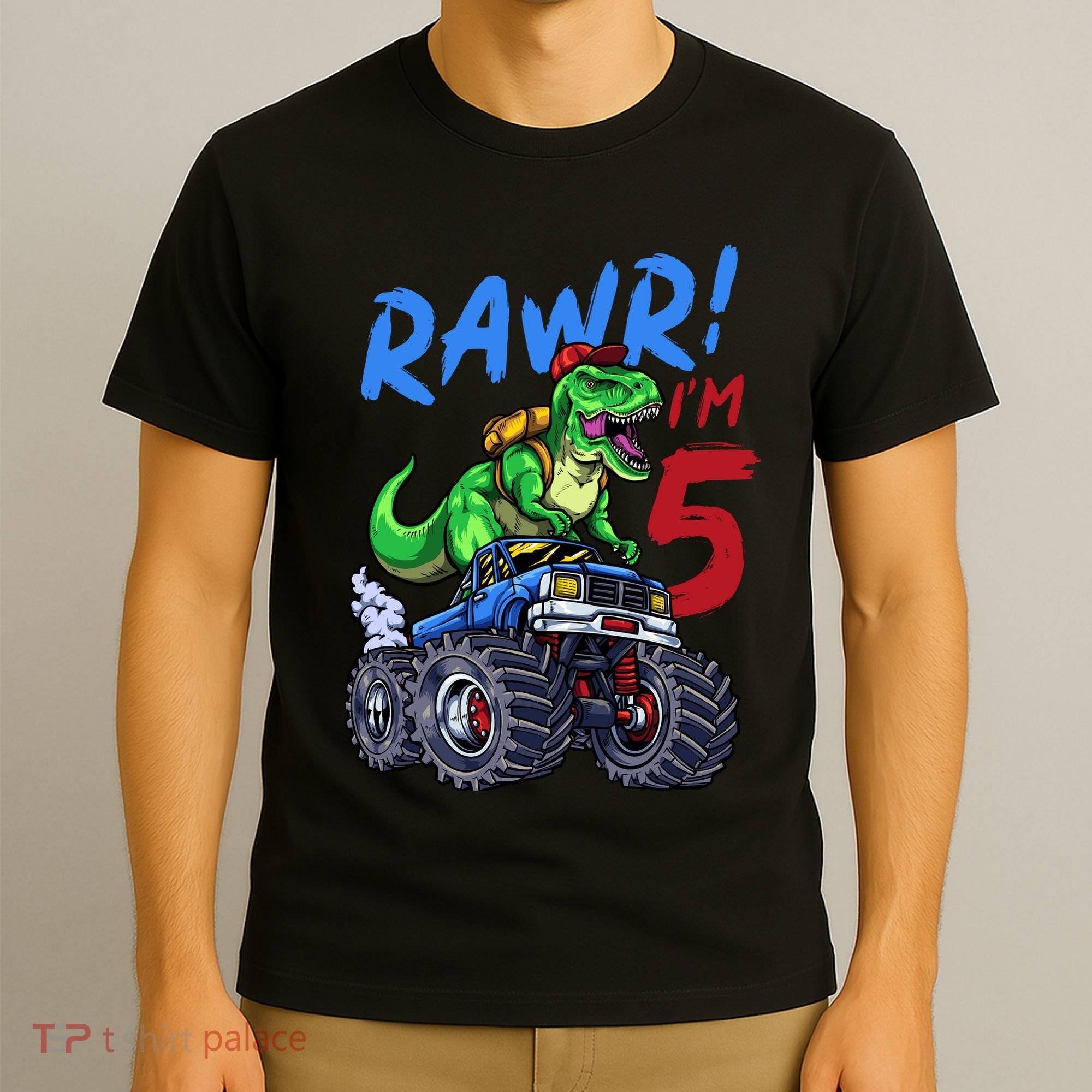 5th Birthday I’M 5 Dinosaur T Rex Monster Truck T-Shirt