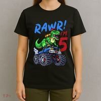 5th Birthday I’M 5 Dinosaur T Rex Monster Truck T-Shirt thumb 4