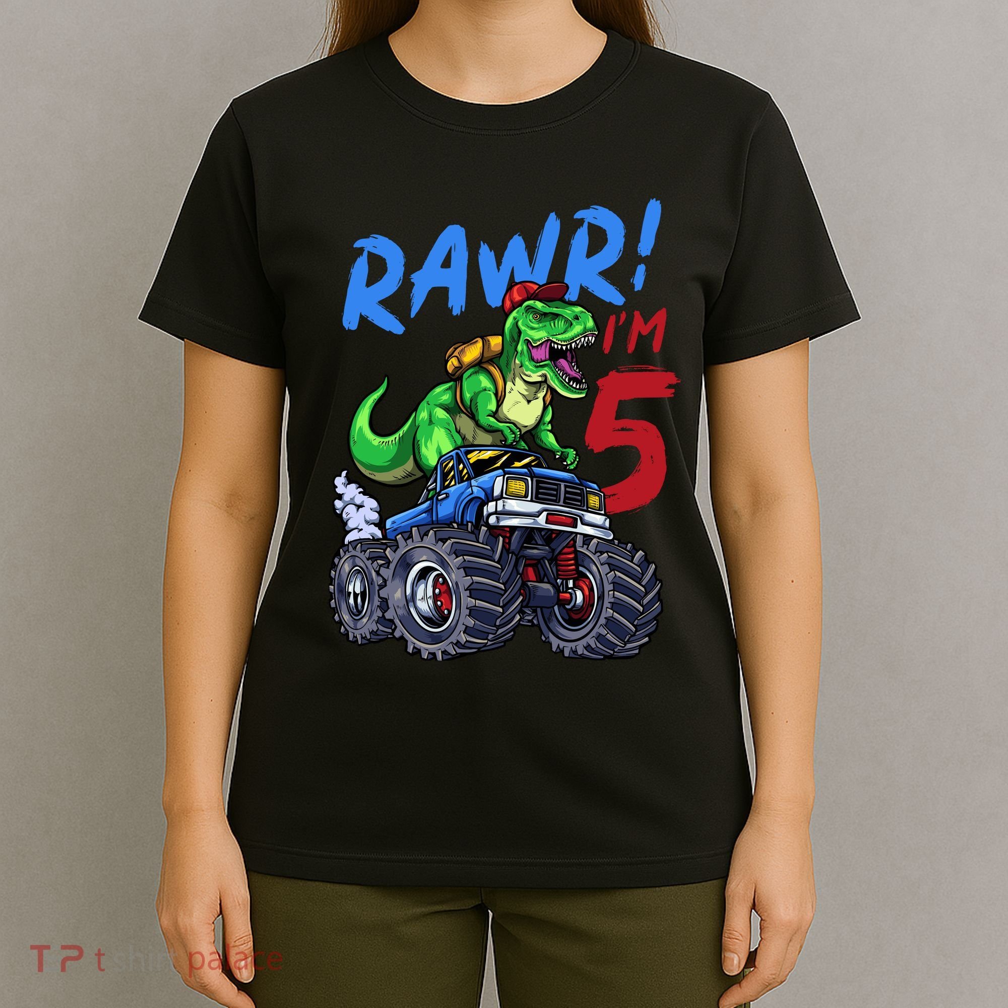 5th Birthday I’M 5 Dinosaur T Rex Monster Truck T-Shirt