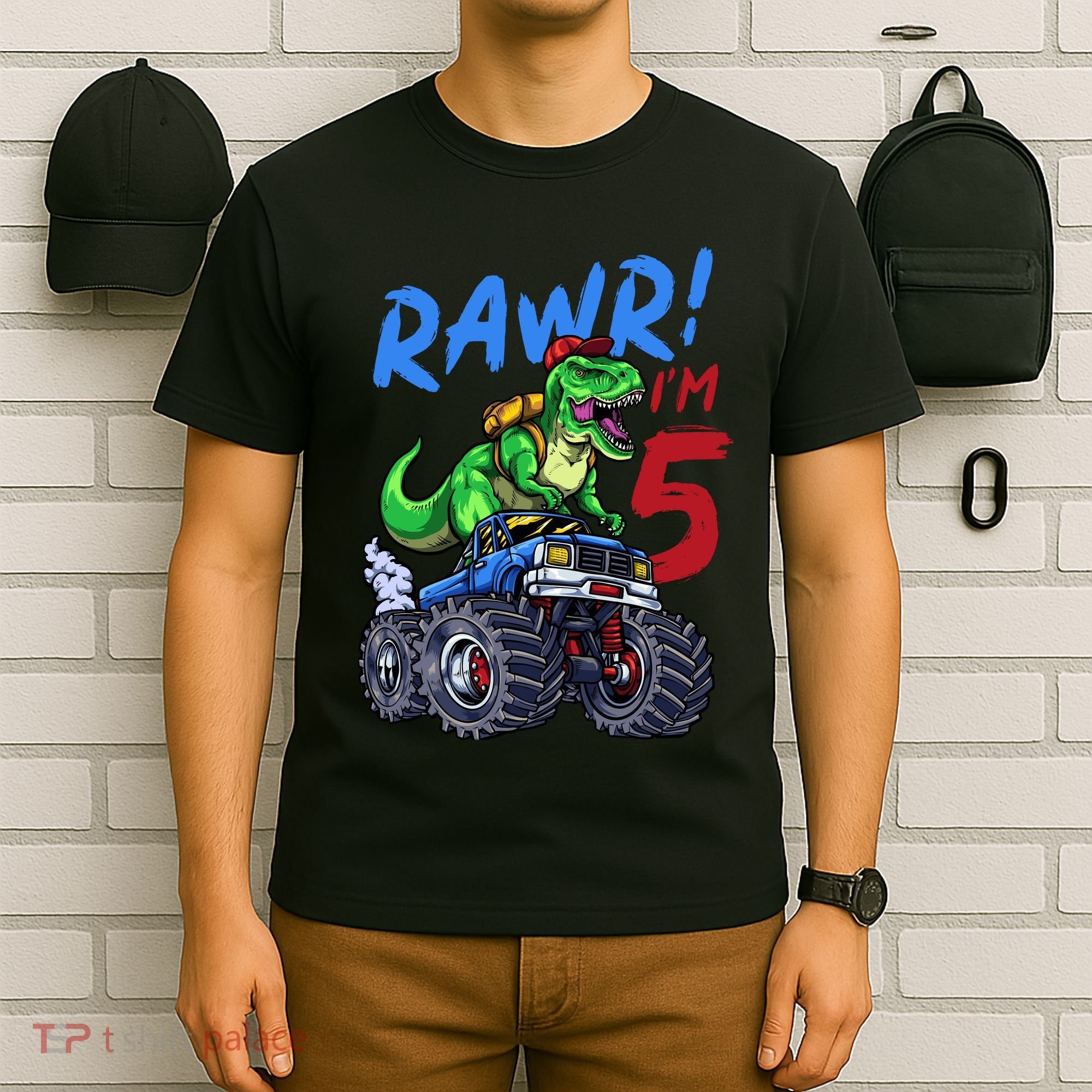 5th Birthday I’M 5 Dinosaur T Rex Monster Truck T-Shirt