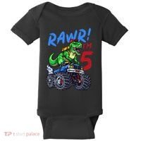 5th Birthday I’M 5 Dinosaur T Rex Monster Truck Baby Bodysuit thumb 0