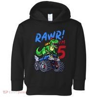 5th Birthday I’M 5 Dinosaur T Rex Monster Truck Toddler Hoodie thumb 0