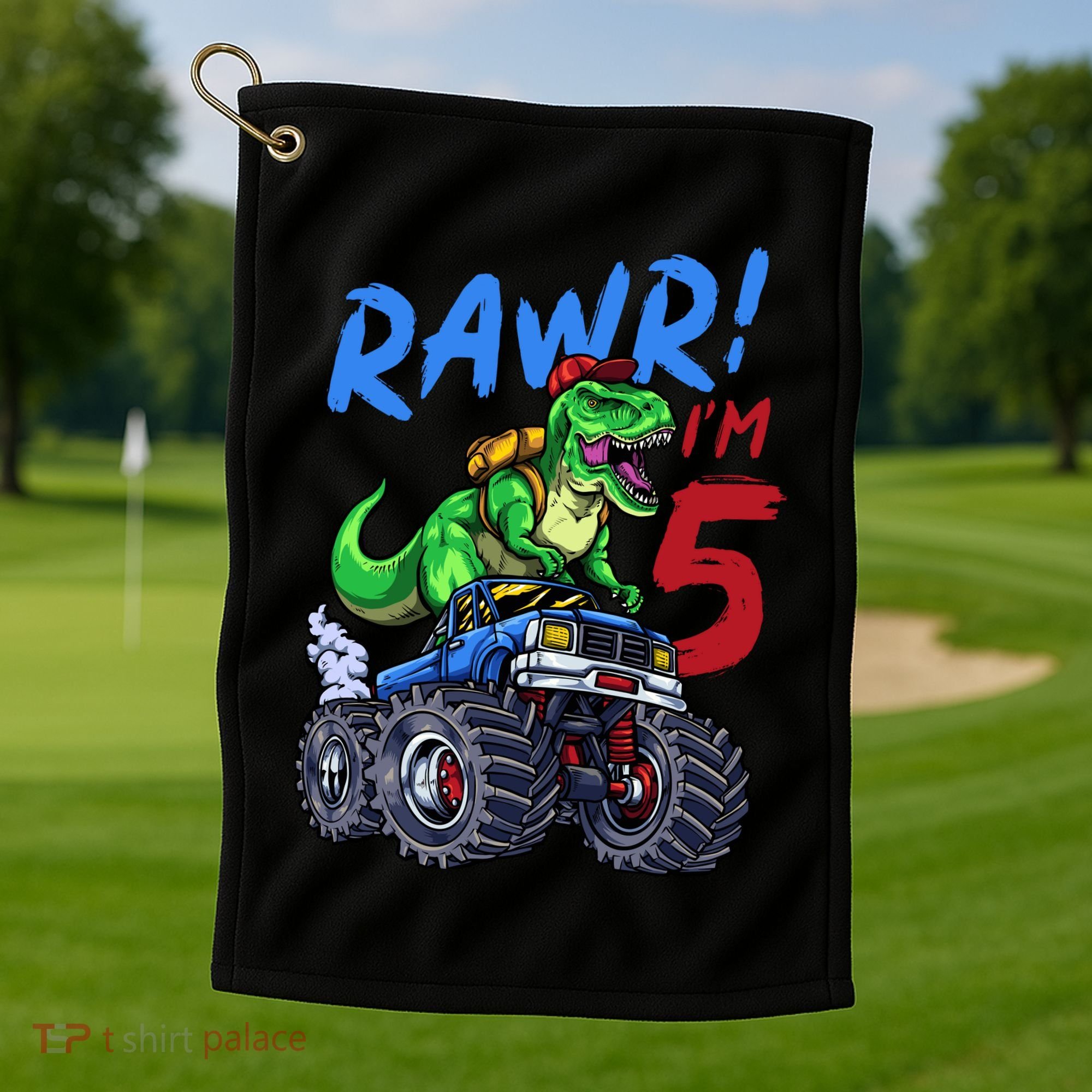 5th Birthday I’M 5 Dinosaur T Rex Monster Truck Golf Towel