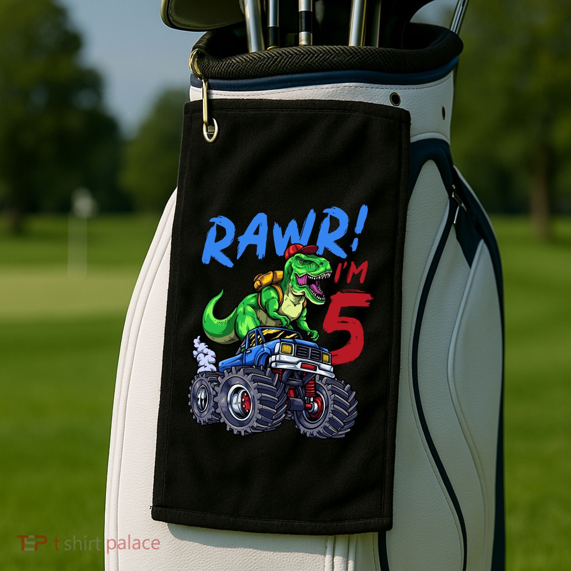 5th Birthday I’M 5 Dinosaur T Rex Monster Truck Golf Towel