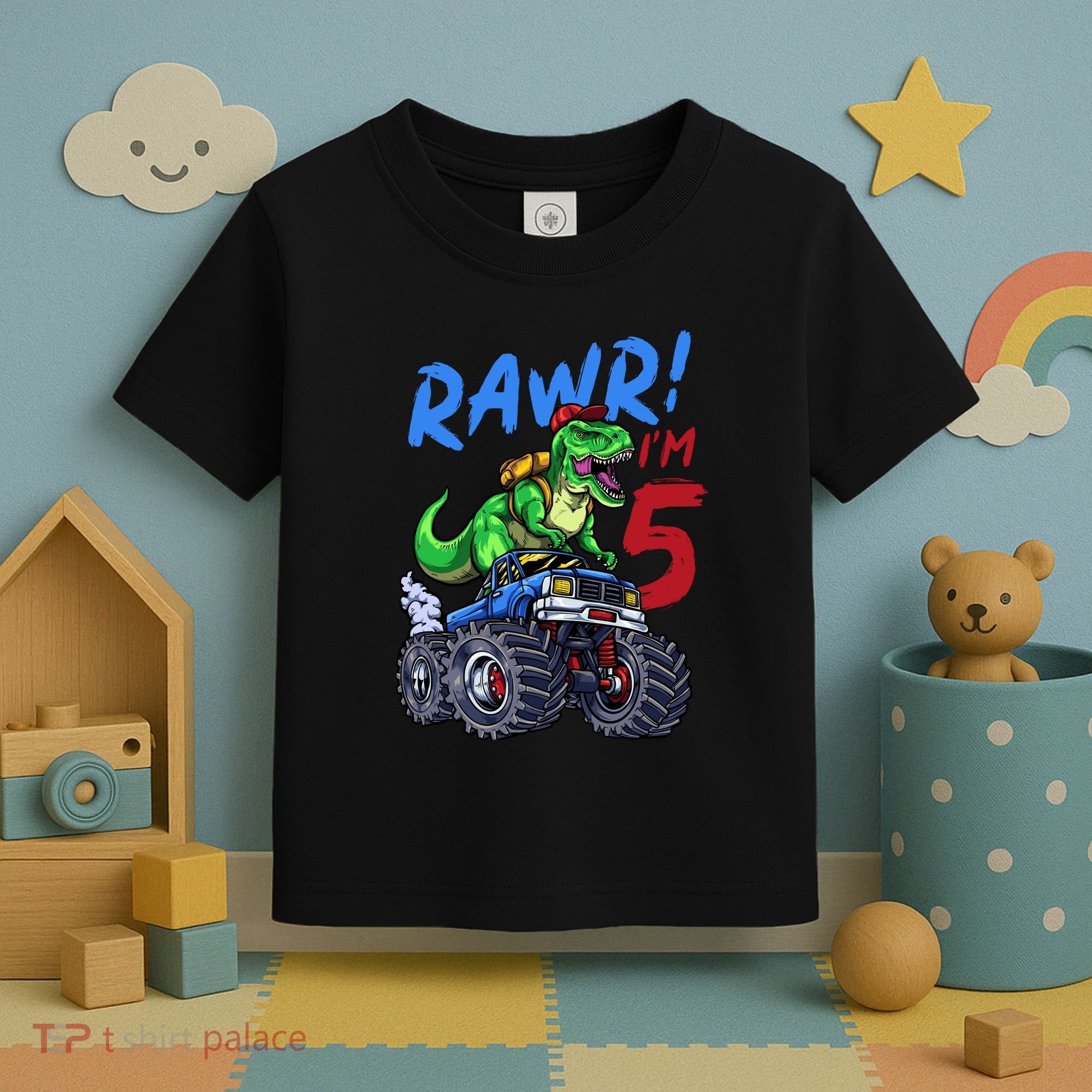 5th Birthday I’M 5 Dinosaur T Rex Monster Truck Toddler T-Shirt