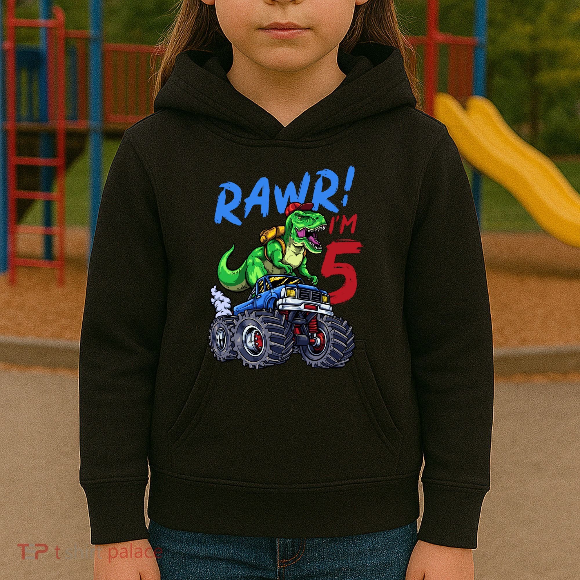 5th Birthday I’M 5 Dinosaur T Rex Monster Truck Kids Hoodie