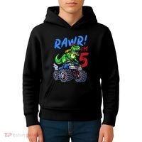 5th Birthday I’M 5 Dinosaur T Rex Monster Truck Kids Hoodie thumb 4