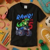 5th Birthday I’M 5 Dinosaur T Rex Monster Truck Kids T-Shirt thumb 3