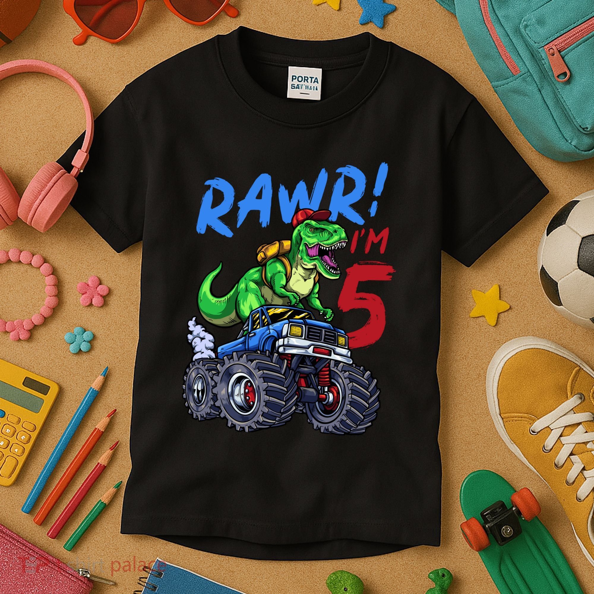 5th Birthday I’M 5 Dinosaur T Rex Monster Truck Kids T-Shirt