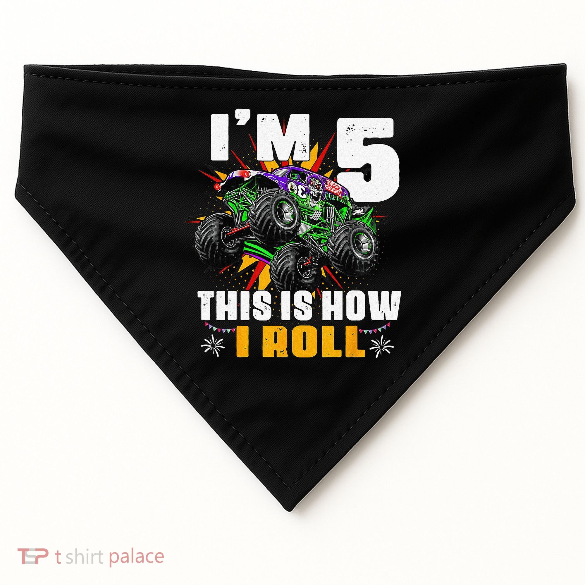 5th Birthday Monster Truck Rule JAM Five Years USA-Made Doggie Bandana