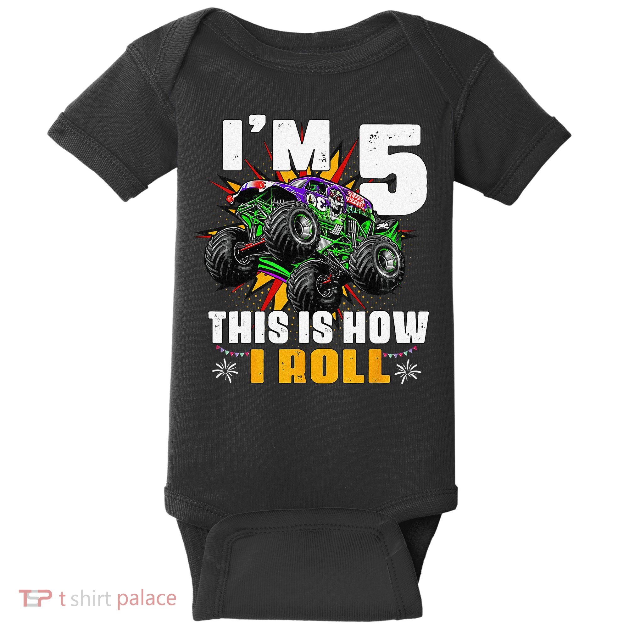 5th Birthday Monster Truck Rule JAM Five Years Baby Bodysuit