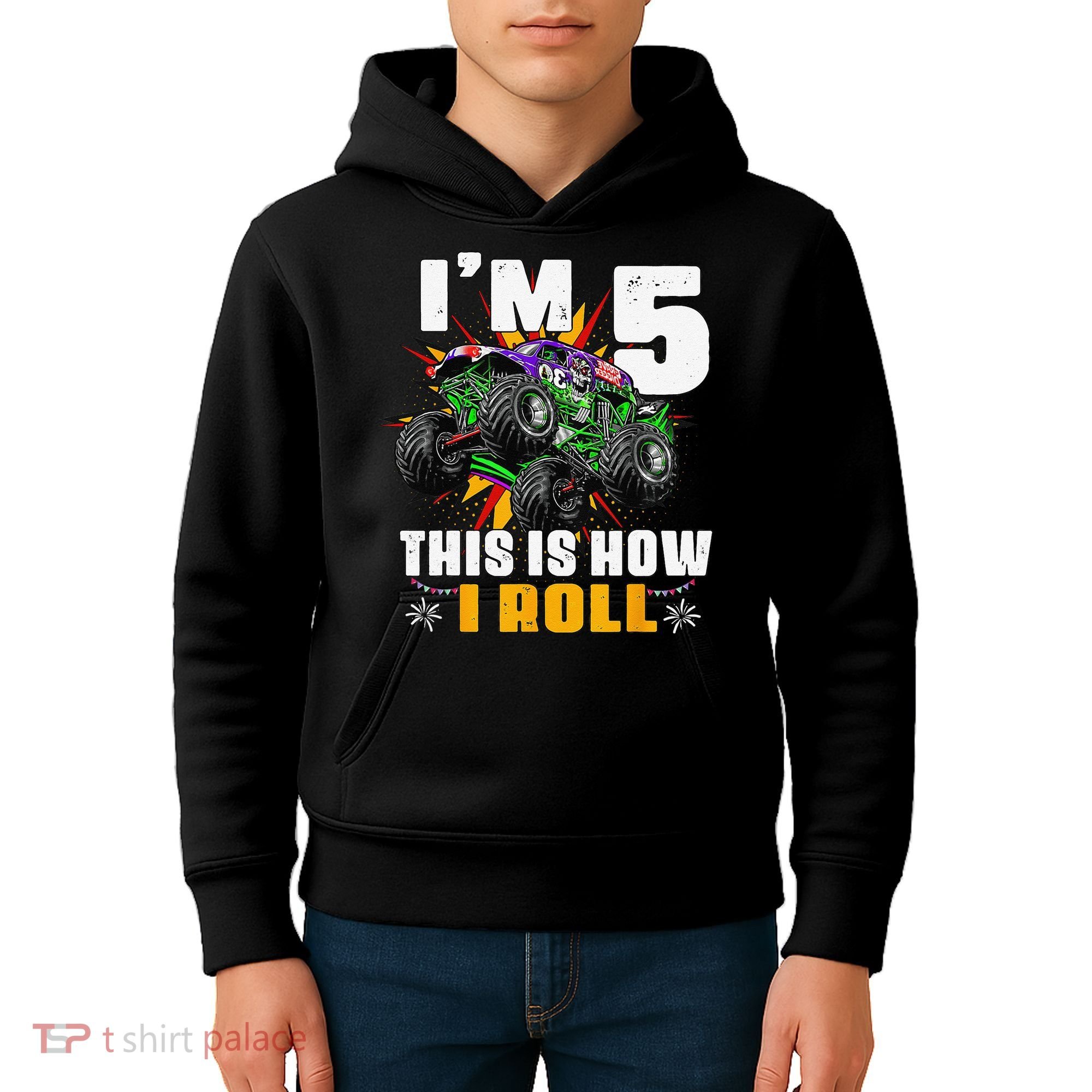 5th Birthday Monster Truck Rule JAM Five Years Kids Hoodie