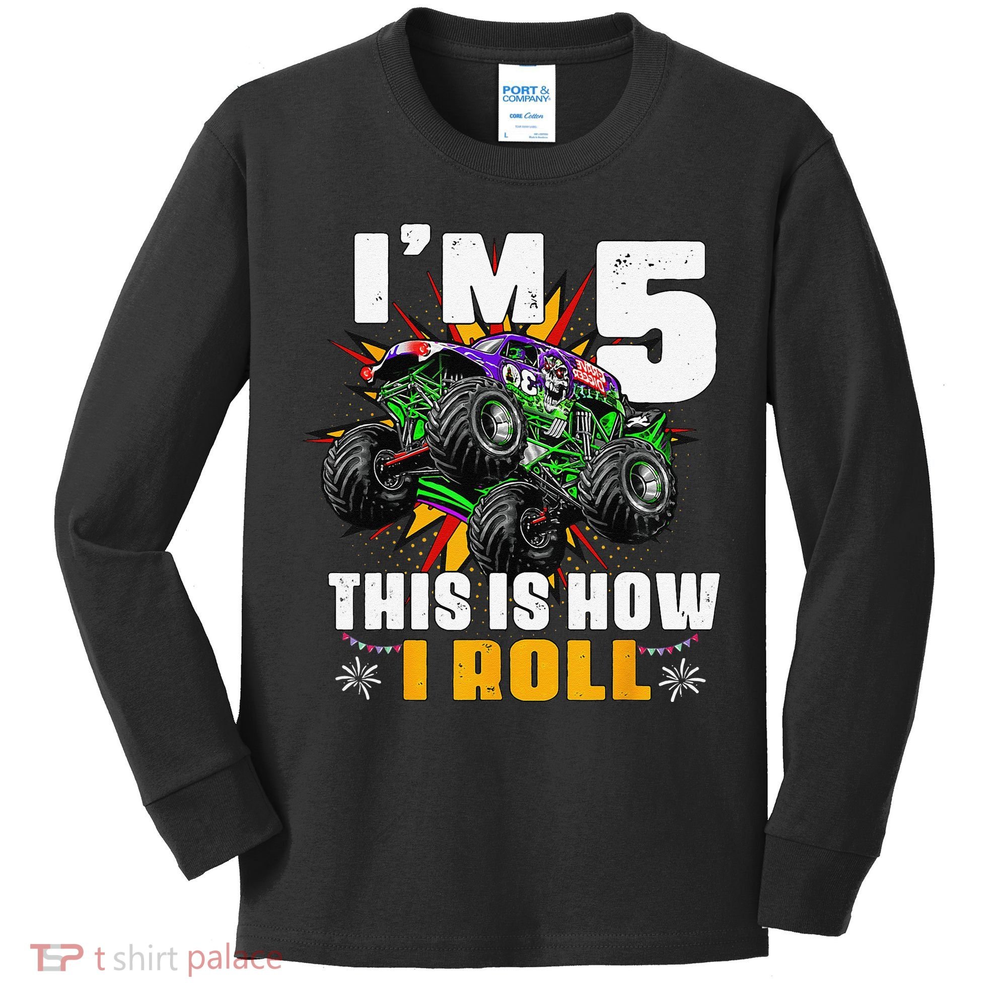 5th Birthday Monster Truck Rule JAM Five Years Kids Long Sleeve Shirt